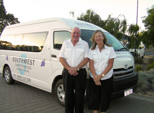 Sharon and Phil Owen are the proud operators of South West Charter Vehicles & Winery Tours, pictured here with their 13 seater commuter bus